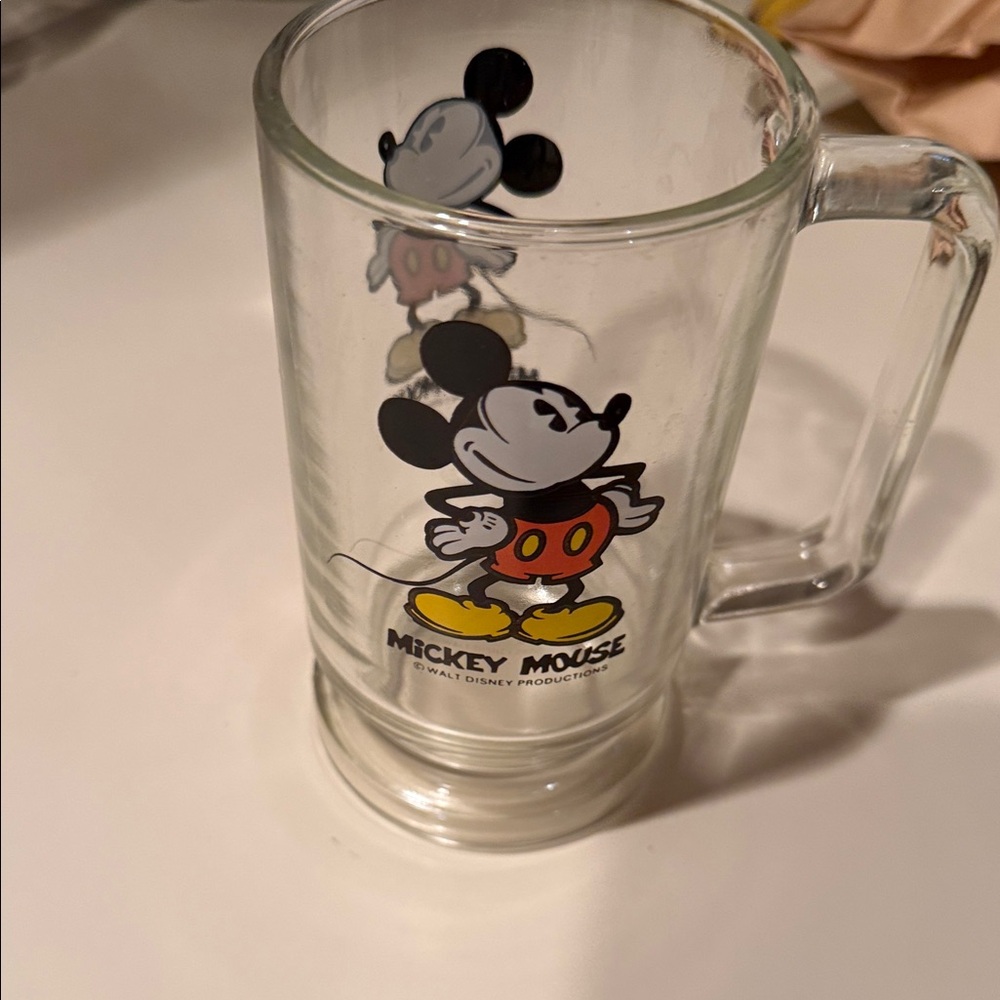 Vintage Disney Mickey Mouse Clear Glass Mug with Red and Yellow Accents